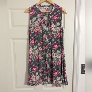Umgee Gray Floral Sleeveless Swing Dress with Pink Roses
